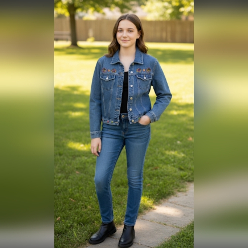 ​No Boundaries Y2K Blue Jean Jacket with Floral Embroidery Size Juniors L 11/13